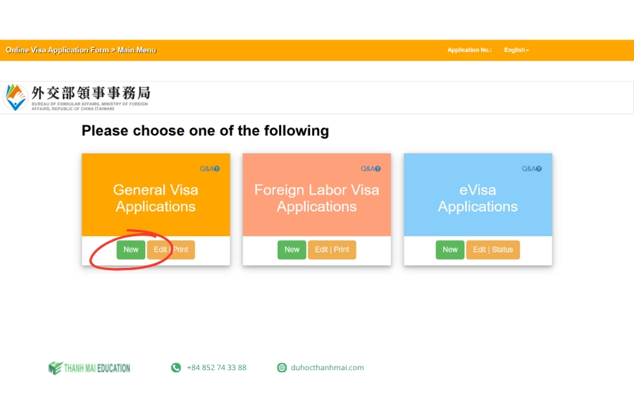 Giao diện hệ thống khai Visa trực tuyến của Cục Lãnh sự Đài Loan