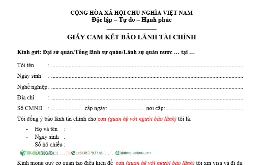 Giấy cam kết bảo lãnh tài chính du học Hàn Quốc