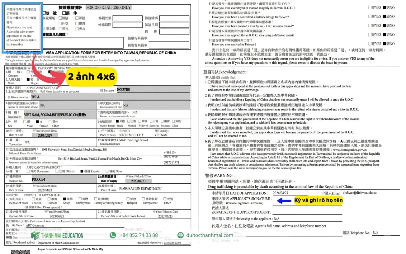 In và ký tên lên đơn xin Visa du học Đài Loan